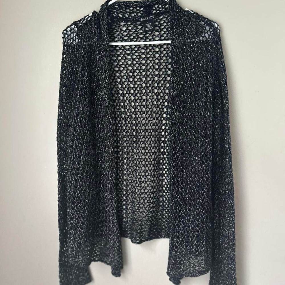 VTG Escapade Women Metallic Knit‎ Crochet Cardigan Large Whimsigoth Grunge Layer